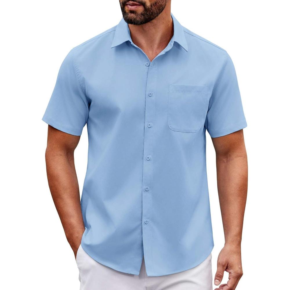 imageCOOFANDY Mens Short Sleeve Button Down Shirts Casual Dress Shirt Untucked Shirts with PocketClear Blue