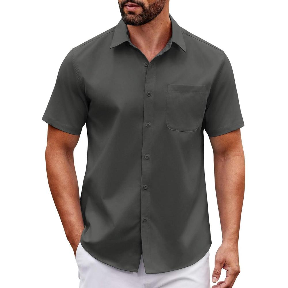 imageCOOFANDY Mens Short Sleeve Button Down Shirts Casual Dress Shirt Untucked Shirts with PocketDark Grey