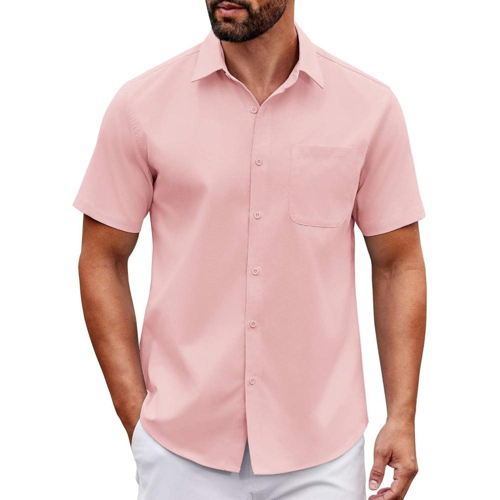 imageCOOFANDY Mens Short Sleeve Button Down Shirts Casual Dress Shirt Untucked Shirts with PocketPink