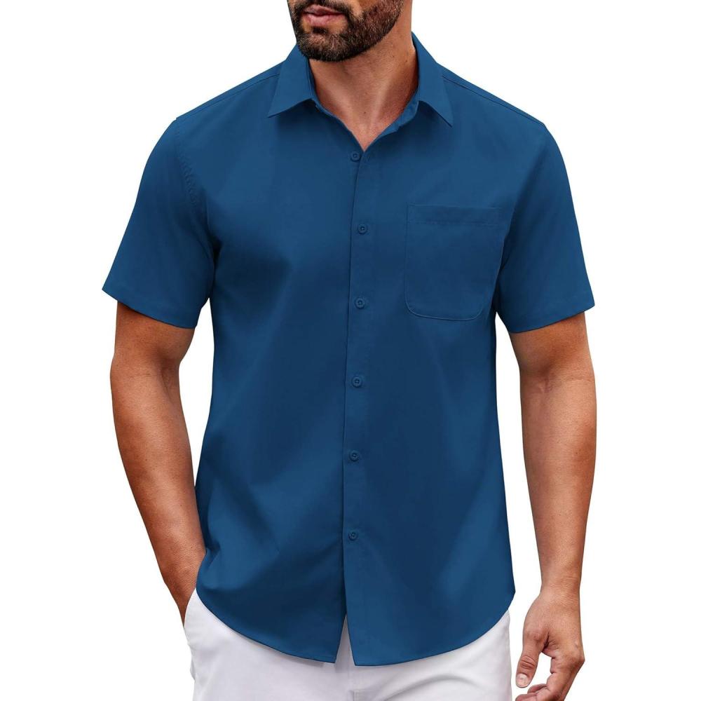 imageCOOFANDY Mens Short Sleeve Button Down Shirts Casual Dress Shirt Untucked Shirts with PocketRoyal Blue