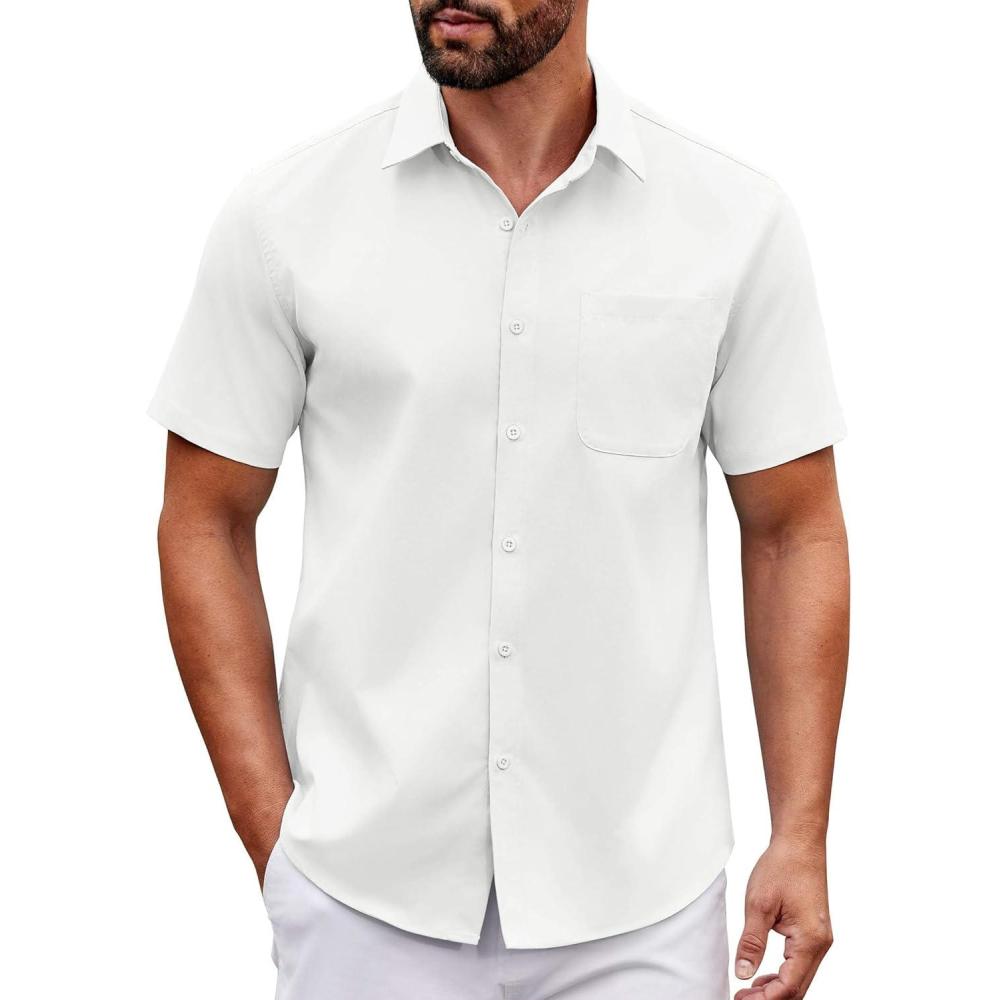 imageCOOFANDY Mens Short Sleeve Button Down Shirts Casual Dress Shirt Untucked Shirts with PocketWhite