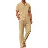 COOFANDY Men 2 Piece Linen Outfit Beach Button Down Shirt Casual Loose Pant Sets(Light Tan)