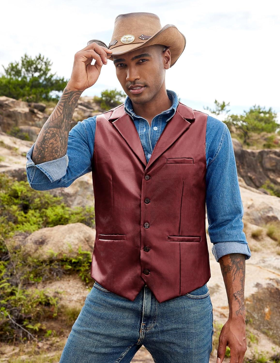 imageCOOFANDY Mens Leather Suit Vest Slim Fit Casual Western Vest Jacket Lightweight VNeck Dress WaistcoatsBurgundy