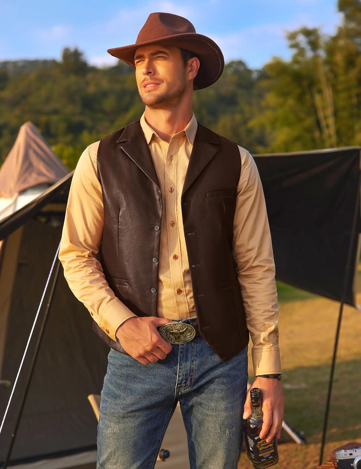 imageCOOFANDY Mens Leather Suit Vest Slim Fit Casual Western Vest Jacket Lightweight VNeck Dress WaistcoatsCoffee