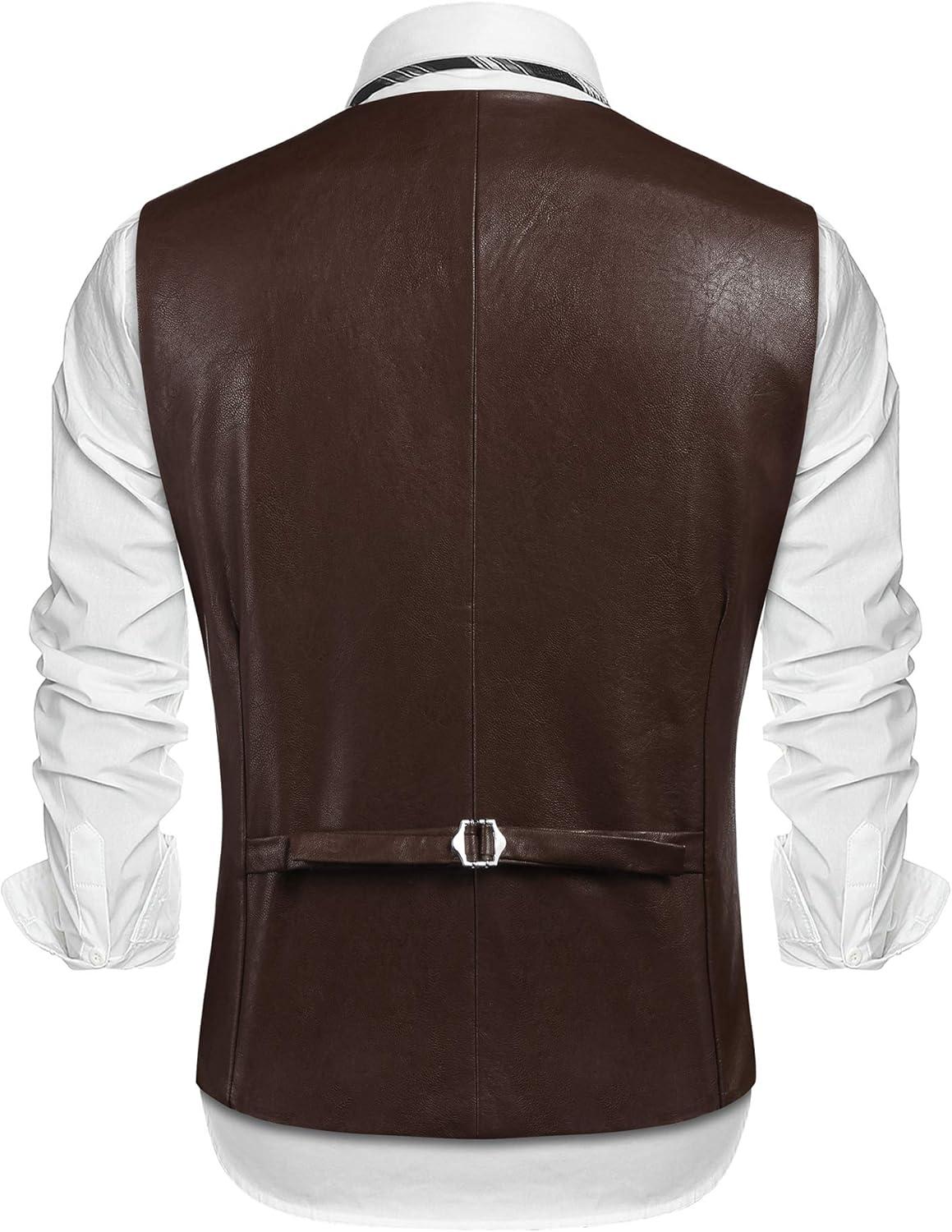 imageCOOFANDY Mens Leather Suit Vest Slim Fit Casual Western Vest Jacket Lightweight VNeck Dress WaistcoatsCoffee