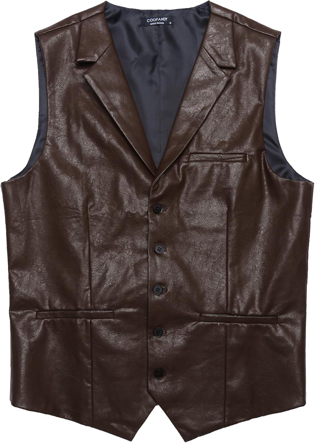 imageCOOFANDY Mens Leather Suit Vest Slim Fit Casual Western Vest Jacket Lightweight VNeck Dress WaistcoatsCoffee