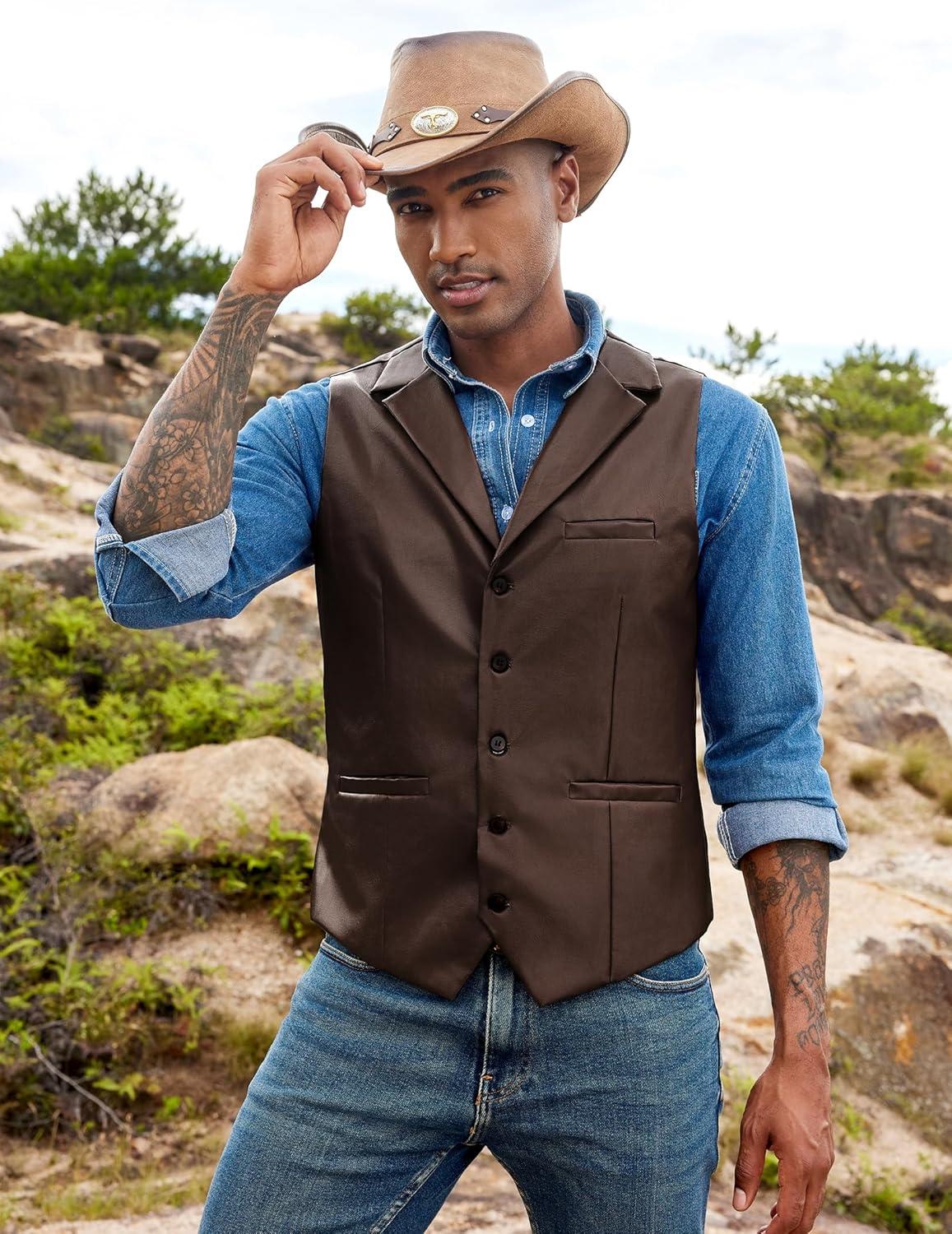 imageCOOFANDY Mens Leather Suit Vest Slim Fit Casual Western Vest Jacket Lightweight VNeck Dress WaistcoatsCoffee