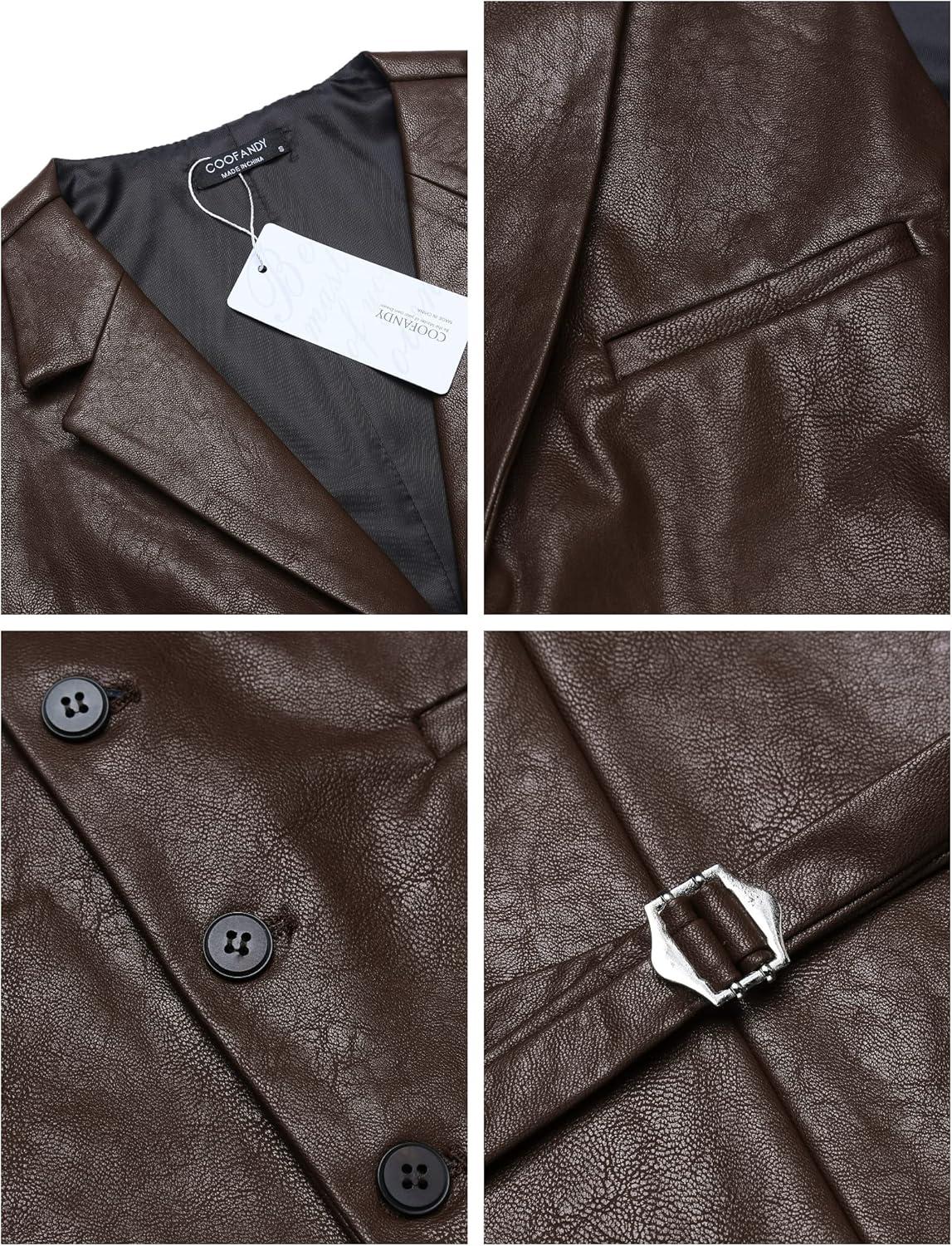 imageCOOFANDY Mens Leather Suit Vest Slim Fit Casual Western Vest Jacket Lightweight VNeck Dress WaistcoatsCoffee