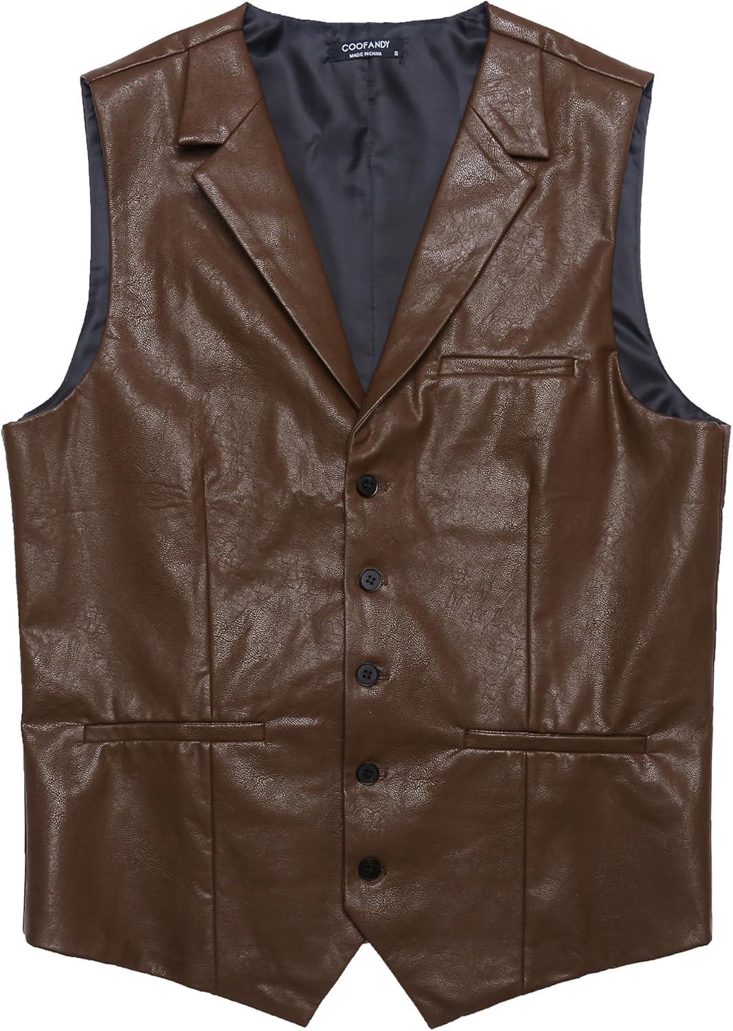 imageCOOFANDY Mens Leather Suit Vest Slim Fit Casual Western Vest Jacket Lightweight VNeck Dress WaistcoatsDark Brown