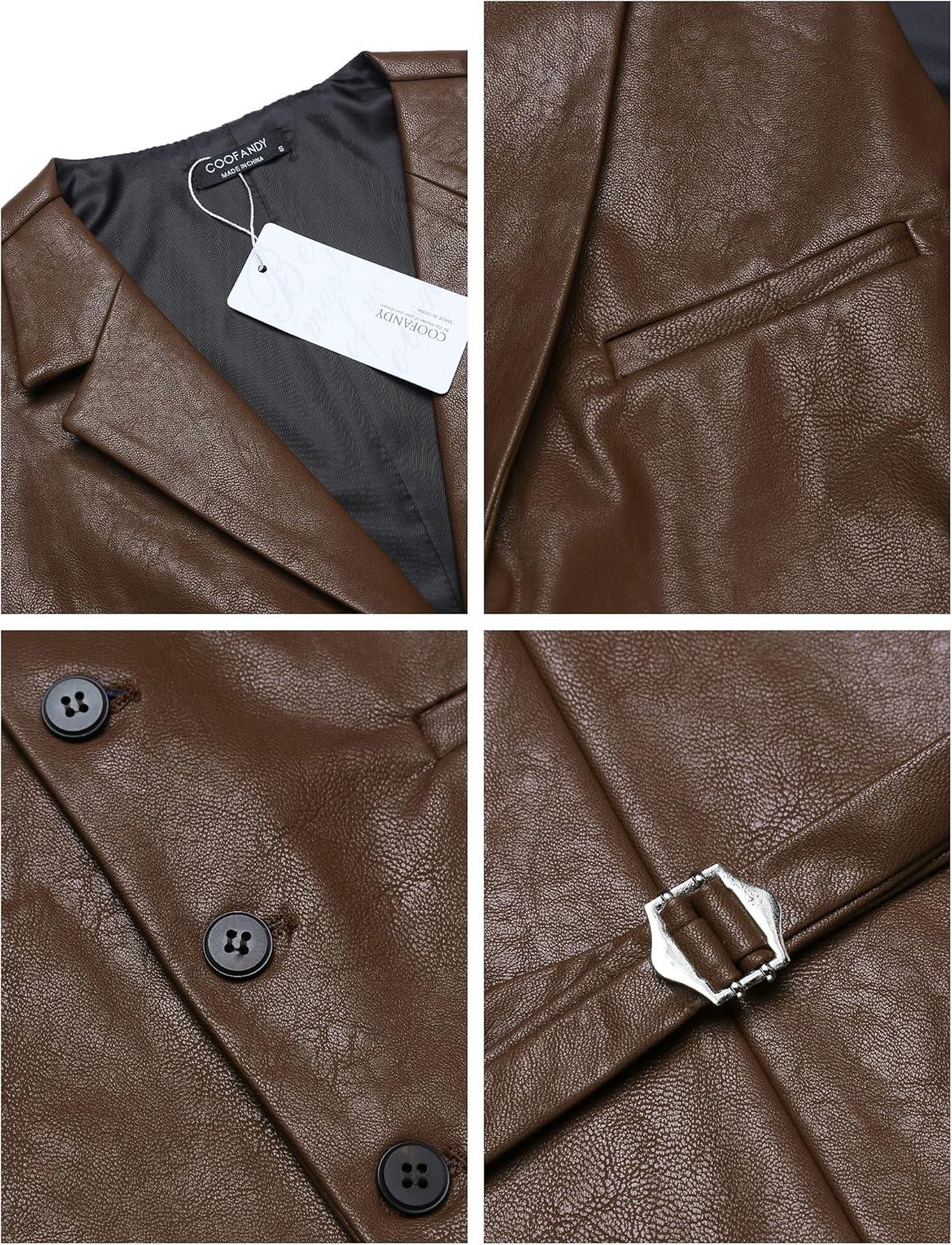 imageCOOFANDY Mens Leather Suit Vest Slim Fit Casual Western Vest Jacket Lightweight VNeck Dress WaistcoatsDark Brown