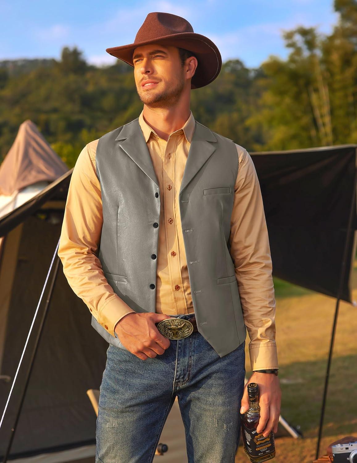 imageCOOFANDY Mens Leather Suit Vest Slim Fit Casual Western Vest Jacket Lightweight VNeck Dress WaistcoatsDark Grey