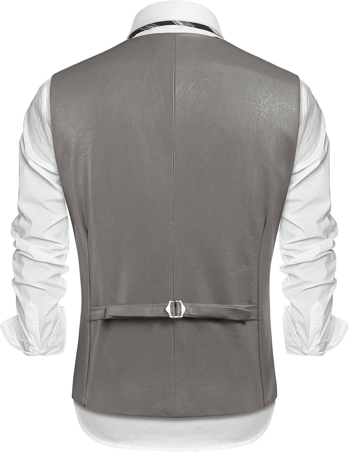 imageCOOFANDY Mens Leather Suit Vest Slim Fit Casual Western Vest Jacket Lightweight VNeck Dress WaistcoatsDark Grey