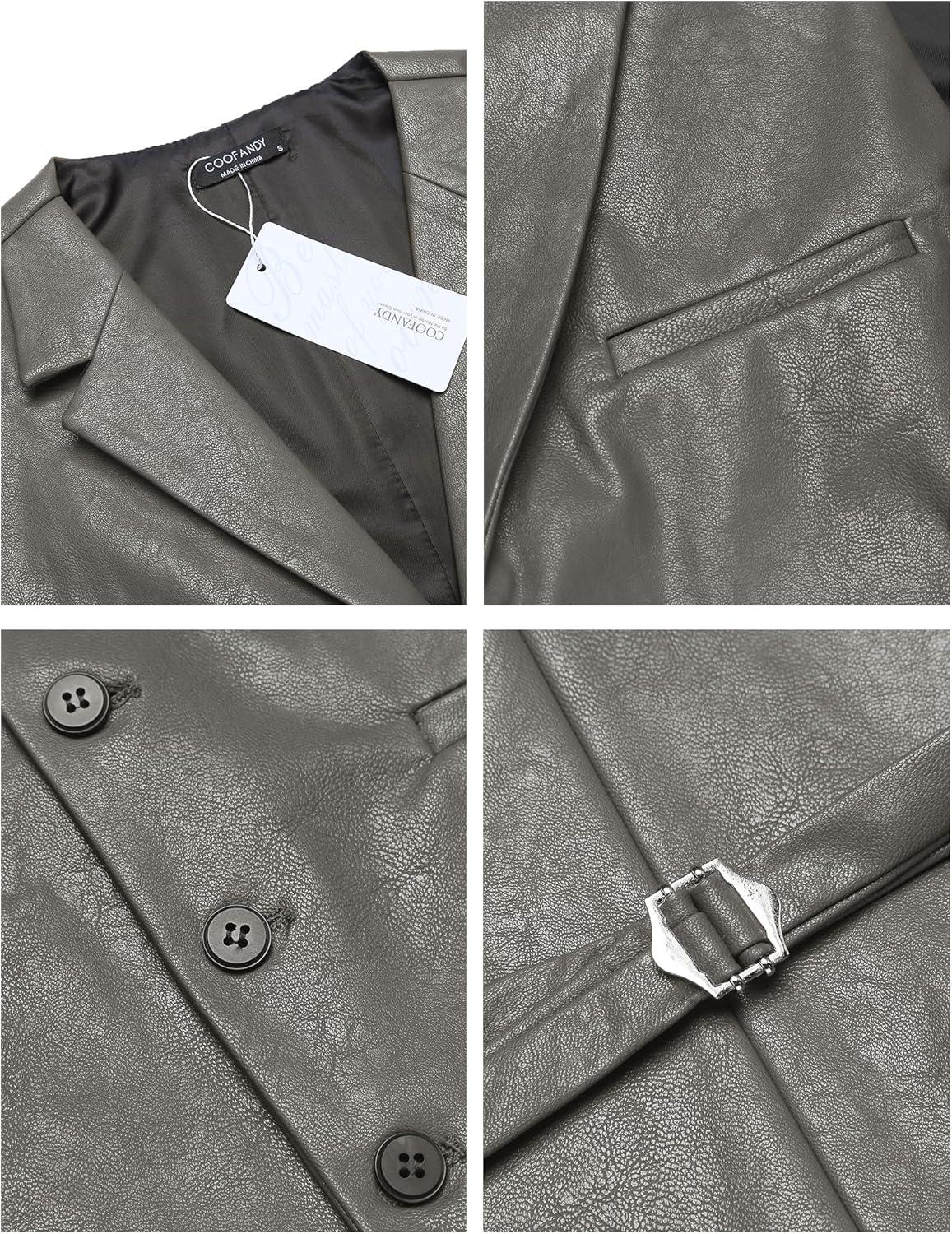 imageCOOFANDY Mens Leather Suit Vest Slim Fit Casual Western Vest Jacket Lightweight VNeck Dress WaistcoatsDark Grey