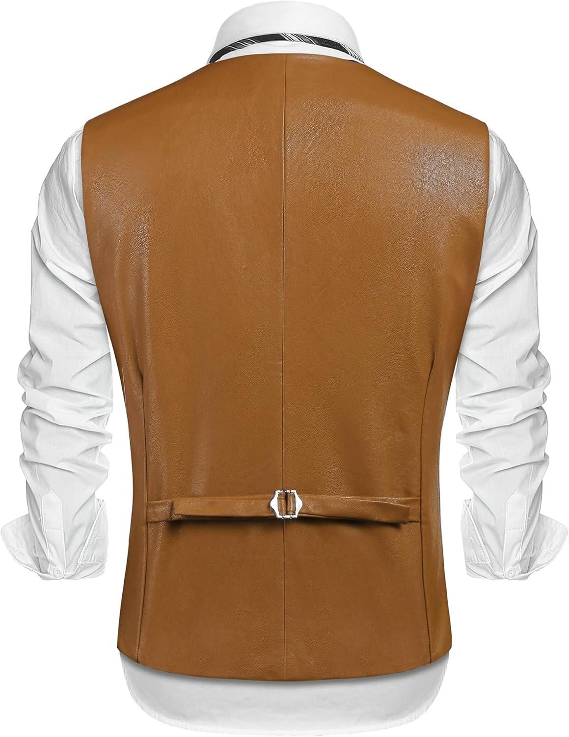 imageCOOFANDY Mens Leather Suit Vest Slim Fit Casual Western Vest Jacket Lightweight VNeck Dress WaistcoatsLight Brown