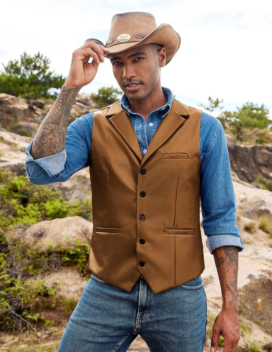 imageCOOFANDY Mens Leather Suit Vest Slim Fit Casual Western Vest Jacket Lightweight VNeck Dress WaistcoatsLight Brown