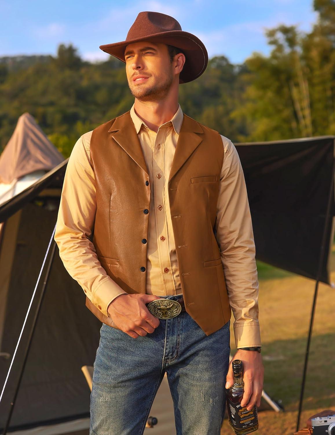 imageCOOFANDY Mens Leather Suit Vest Slim Fit Casual Western Vest Jacket Lightweight VNeck Dress WaistcoatsLight Brown