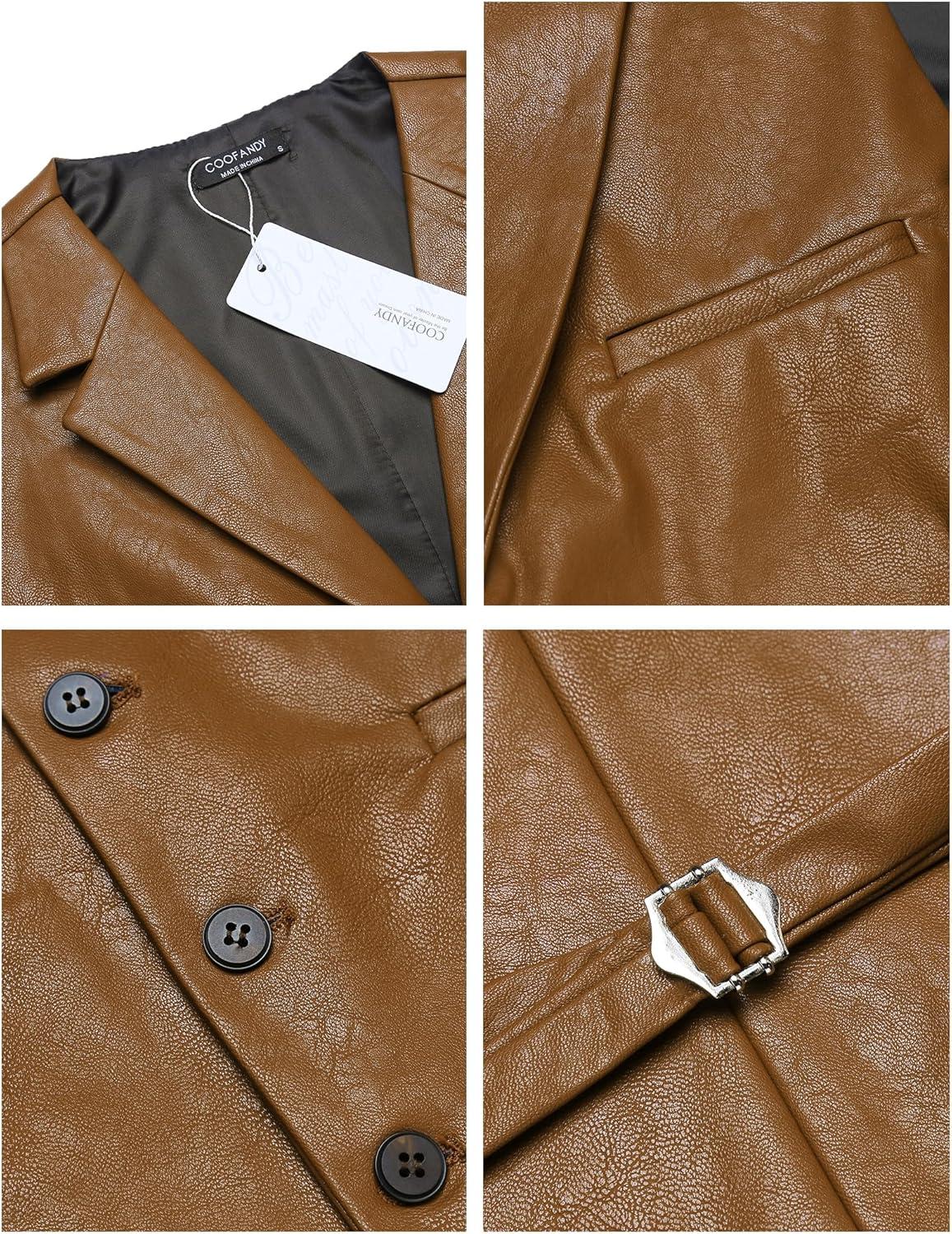 imageCOOFANDY Mens Leather Suit Vest Slim Fit Casual Western Vest Jacket Lightweight VNeck Dress WaistcoatsLight Brown