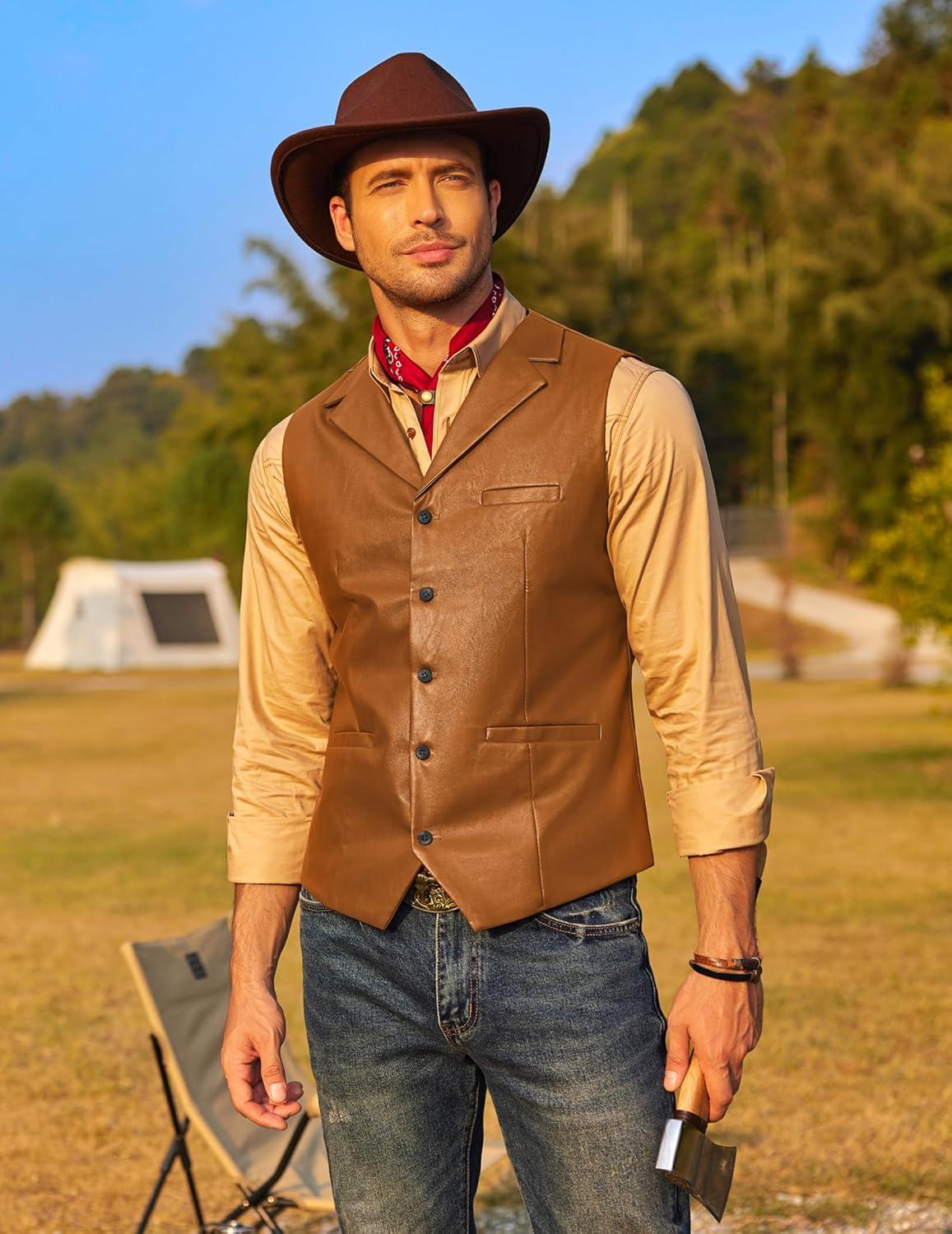 imageCOOFANDY Mens Leather Suit Vest Slim Fit Casual Western Vest Jacket Lightweight VNeck Dress WaistcoatsLight Brown