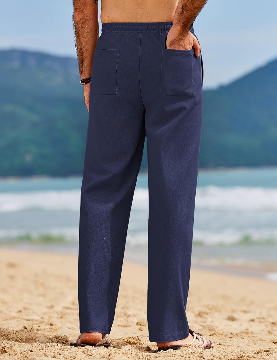 imageCOOFANDY Mens Linen Pants Casual Loose Fit Beach Summer Yoga Pant Lightweight Drawstring Linen TrousersNavy Blue
