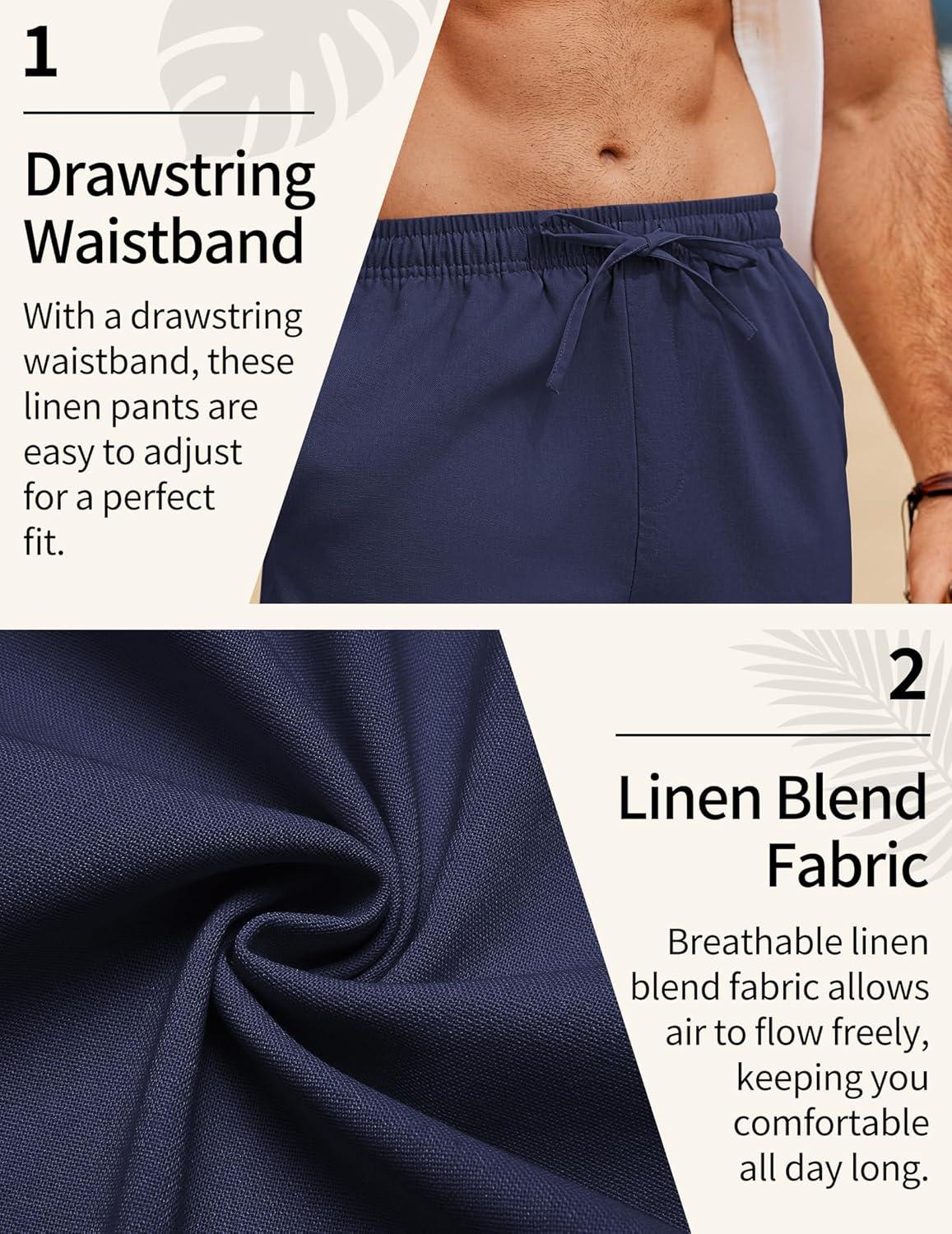 imageCOOFANDY Mens Linen Pants Casual Loose Fit Beach Summer Yoga Pant Lightweight Drawstring Linen TrousersNavy Blue