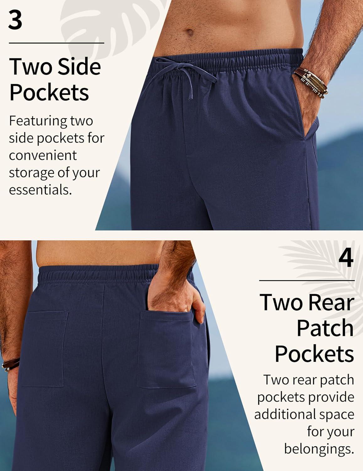 imageCOOFANDY Mens Linen Pants Casual Loose Fit Beach Summer Yoga Pant Lightweight Drawstring Linen TrousersNavy Blue
