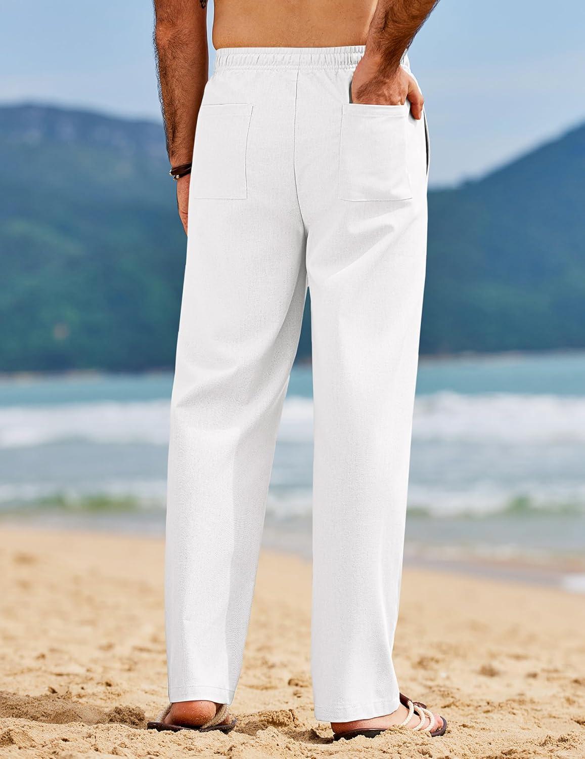 imageCOOFANDY Mens Linen Pants Casual Loose Fit Beach Summer Yoga Pant Lightweight Drawstring Linen TrousersWhite