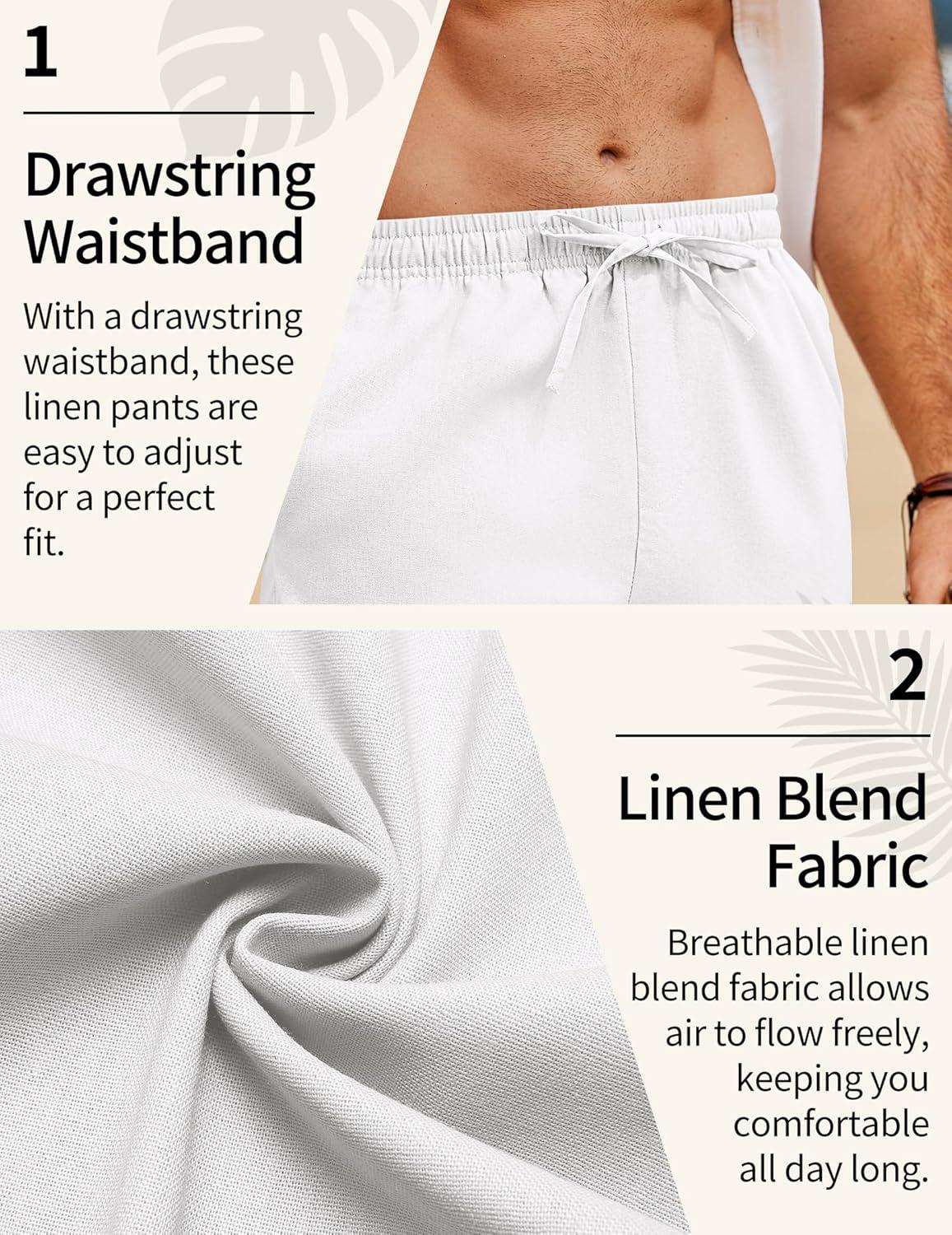 imageCOOFANDY Mens Linen Pants Casual Loose Fit Beach Summer Yoga Pant Lightweight Drawstring Linen TrousersWhite