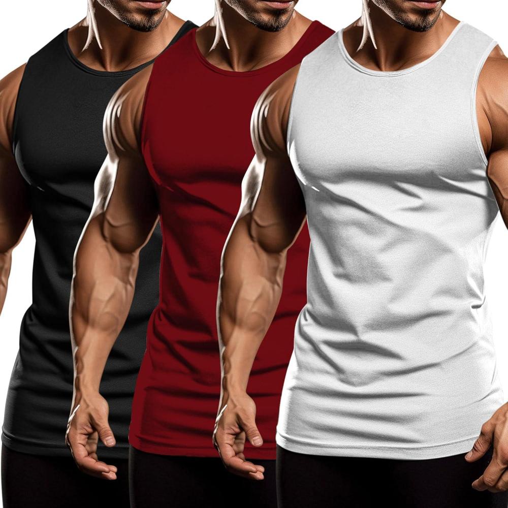 imageCOOFANDY Mens 3 Pack Workout Tank Tops Sleeveless Gym Shirts Bodybuilding Fitness Muscle Tee ShirtsBlackWine RedWhite