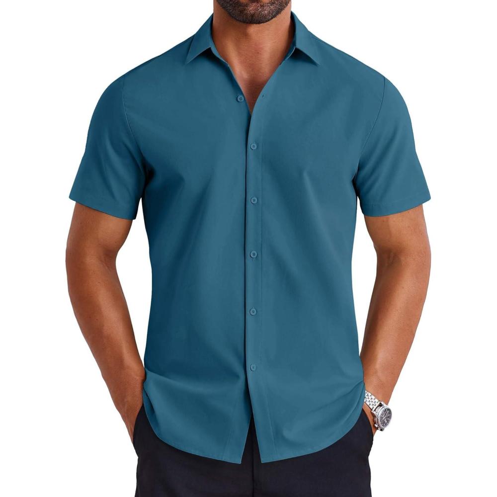 imageCOOFANDY Mens Button Down Shirts Short Sleeve Casual Shirt Summer Untucked Dress ShirtsMidnight Blue