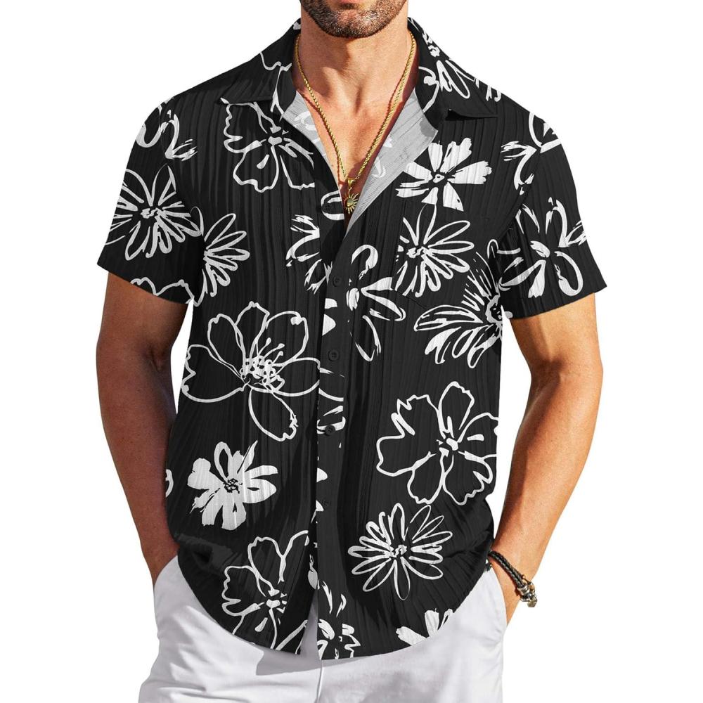 imageCOOFANDY Mens Casual Button Down Shirts Short Sleeve Textured Summer Beach Shirt with PocketBlack White Flower