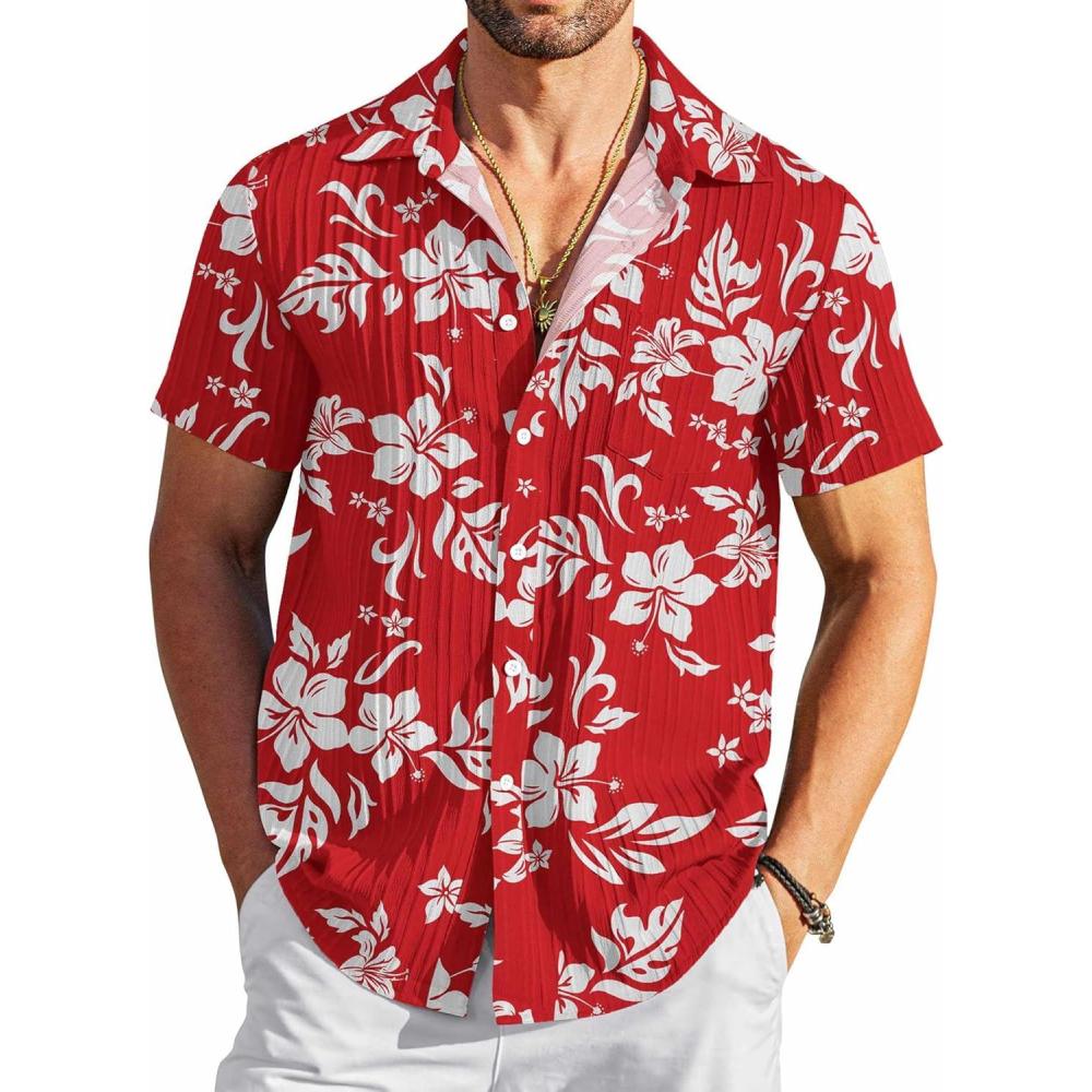 imageCOOFANDY Mens Casual Button Down Shirts Short Sleeve Textured Summer Beach Shirt with PocketRed White Floral