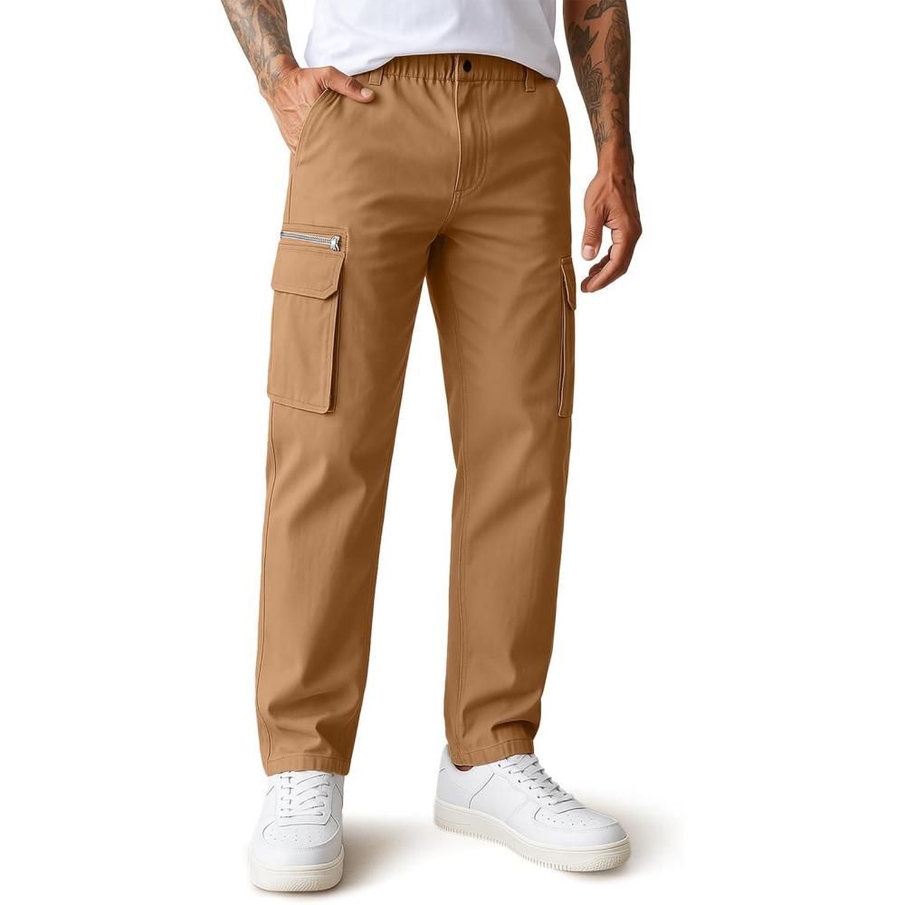 imageCOOFANDY Mens Cotton Cargo Pants Relaxed Fit Elastic Waist Casual Pants Stretch Work Cargo Pant with PocketsLight Brown