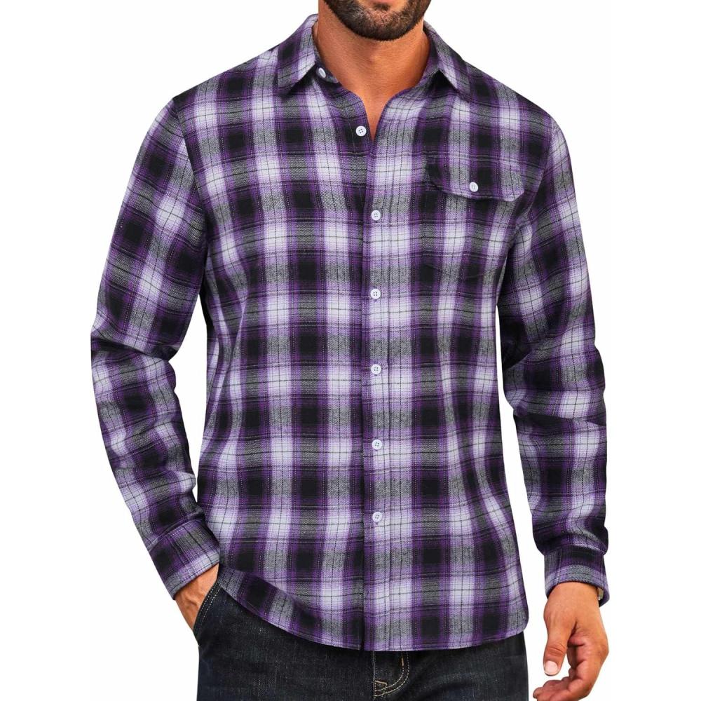imageCOOFANDY Mens Flannel Plaid Shirts Long Sleeve Casual Button Down Cotton Shirt with PocketPurple Black Plaid