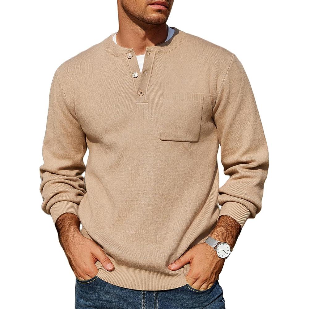 imageCOOFANDY Mens Henley Knit Sweater Long Sleeve Soft Pullover Shirt with Chest PocketApricot