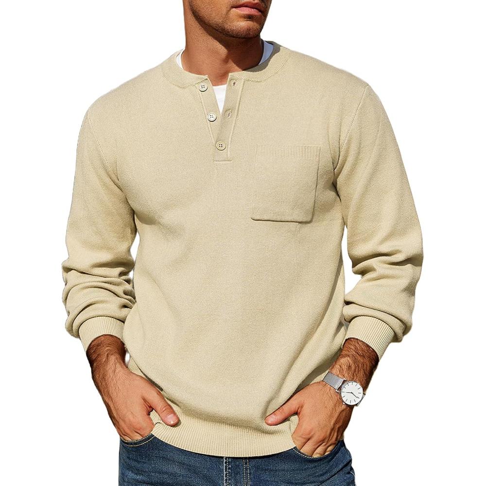 imageCOOFANDY Mens Henley Knit Sweater Long Sleeve Soft Pullover Shirt with Chest PocketBeige
