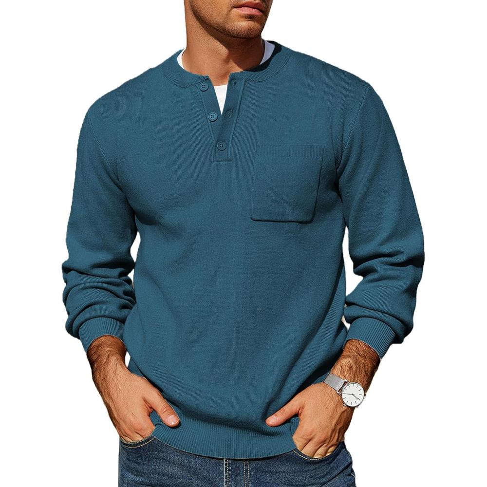 imageCOOFANDY Mens Henley Knit Sweater Long Sleeve Soft Pullover Shirt with Chest PocketDeep Blue