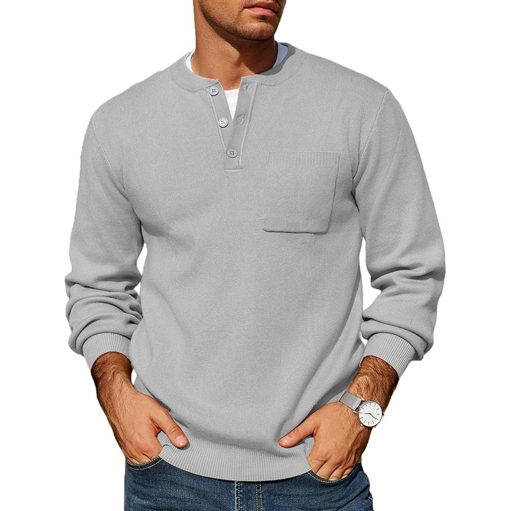 imageCOOFANDY Mens Henley Knit Sweater Long Sleeve Soft Pullover Shirt with Chest PocketLight Grey