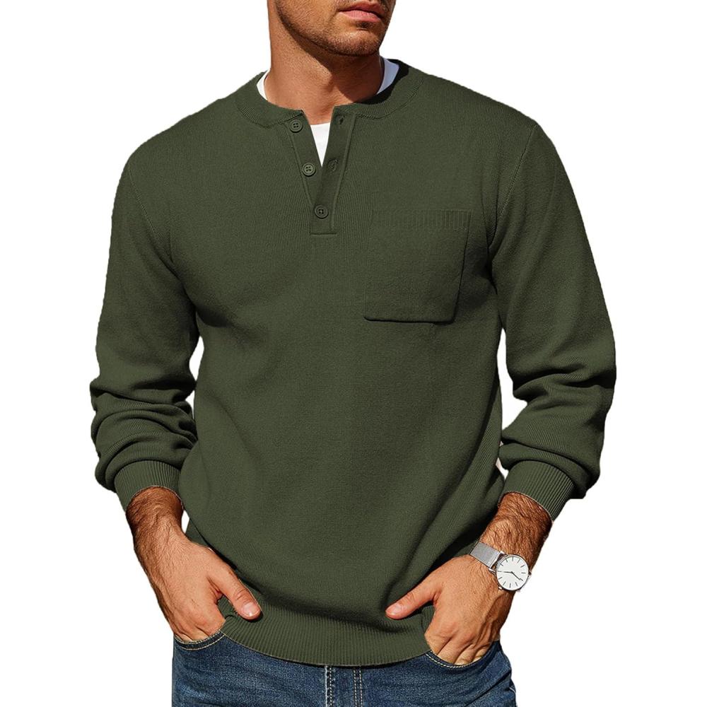 imageCOOFANDY Mens Henley Knit Sweater Long Sleeve Soft Pullover Shirt with Chest PocketOlive Green