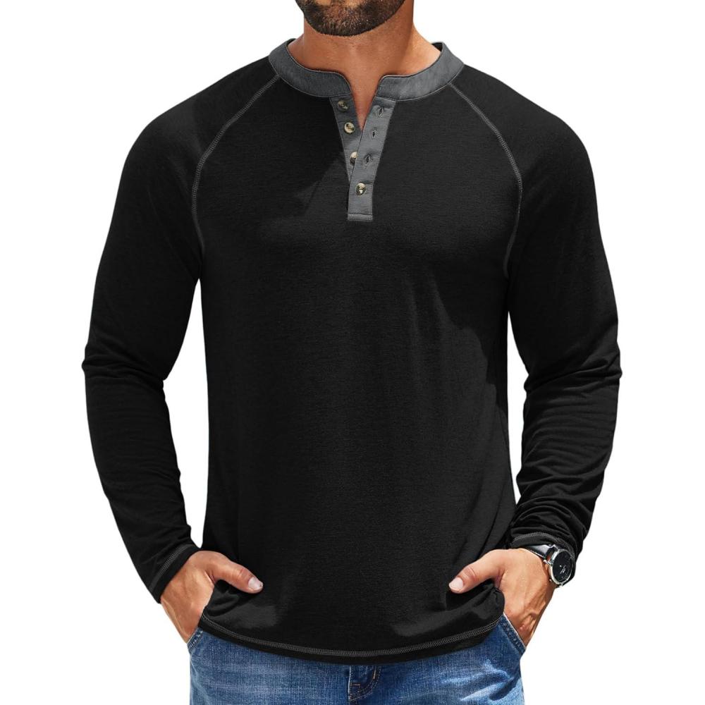 imageCOOFANDY Mens Henley Shirts Long Sleeve Casual Button V Neck TShirt Lightweight Fashion Pullover ShirtsBlack