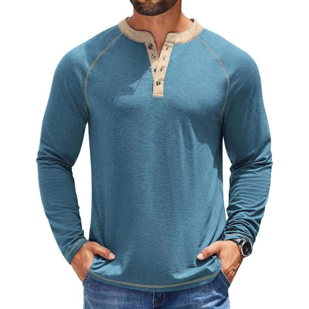 imageCOOFANDY Mens Henley Shirts Long Sleeve Casual Button V Neck TShirt Lightweight Fashion Pullover ShirtsHeather Blue