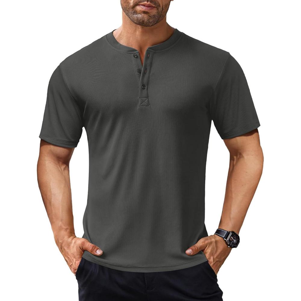 imageCOOFANDY Mens Henley Shirts Short Sleeve Ribbed TShirts Bodybuilding Workout Tee ShirtsDark Gray