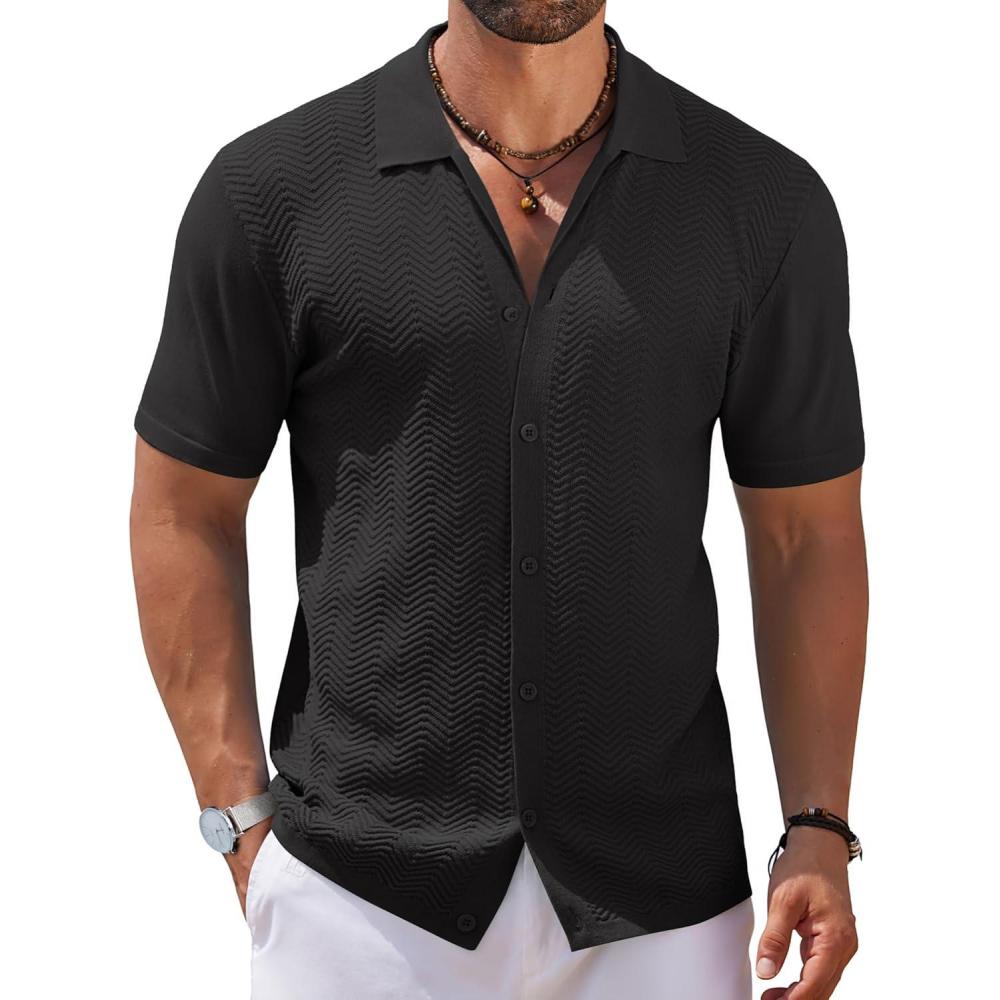 imageCOOFANDY Mens Knit Short Sleeve Shirt Casual Button Down Shirt Vintage Fashion Polo Shirts Crochet Summer Beach ShirtsBlack