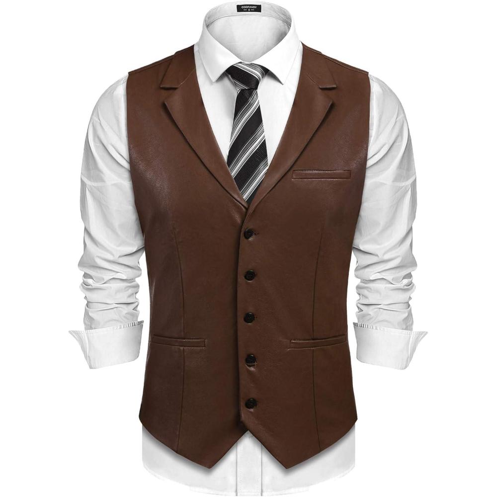 imageCOOFANDY Mens Leather Suit Vest Slim Fit Casual Western Vest Jacket Lightweight VNeck Dress WaistcoatsDark Brown