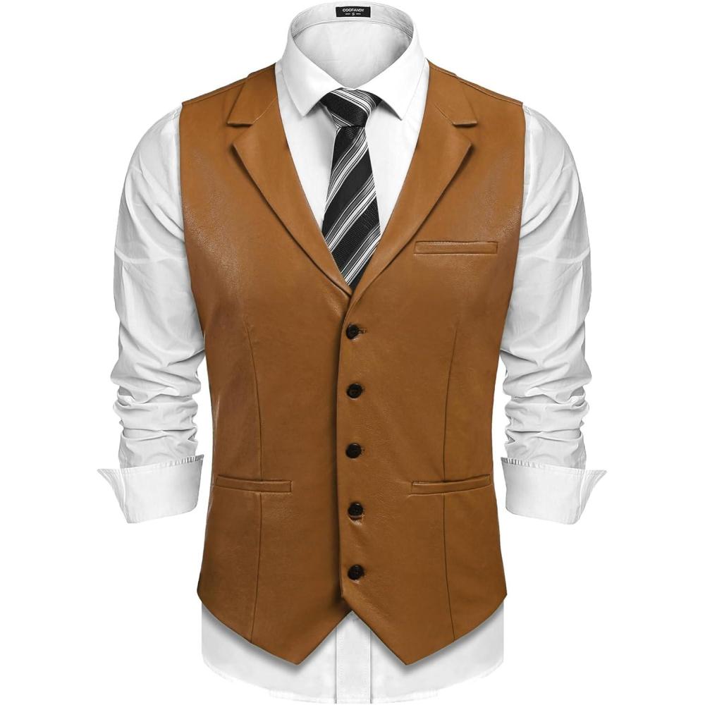 imageCOOFANDY Mens Leather Suit Vest Slim Fit Casual Western Vest Jacket Lightweight VNeck Dress WaistcoatsLight Brown