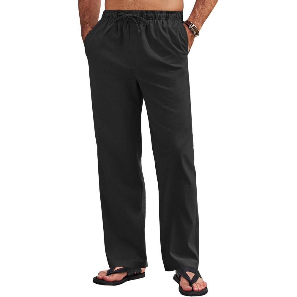imageCOOFANDY Mens Linen Pants Casual Loose Fit Beach Summer Yoga Pant Lightweight Drawstring Linen TrousersBlack