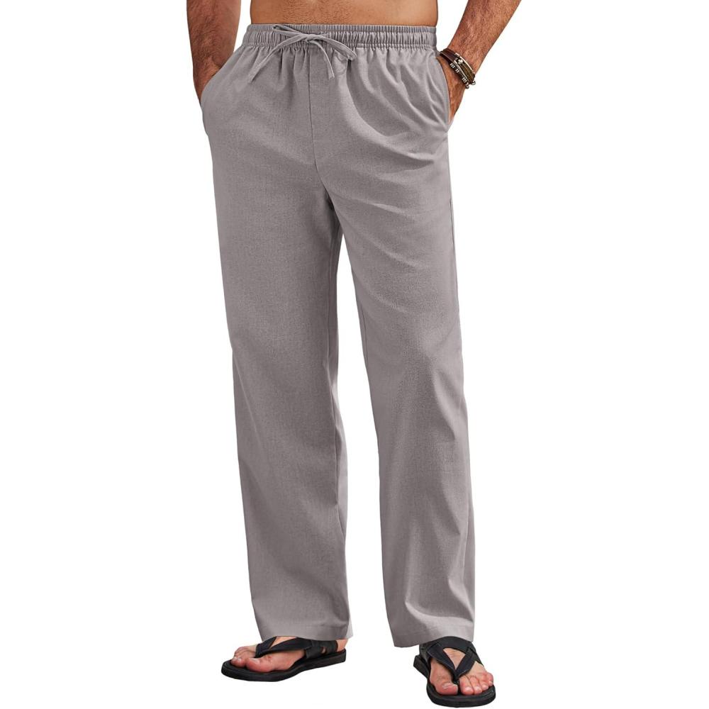 imageCOOFANDY Mens Linen Pants Casual Loose Fit Beach Summer Yoga Pant Lightweight Drawstring Linen TrousersGray