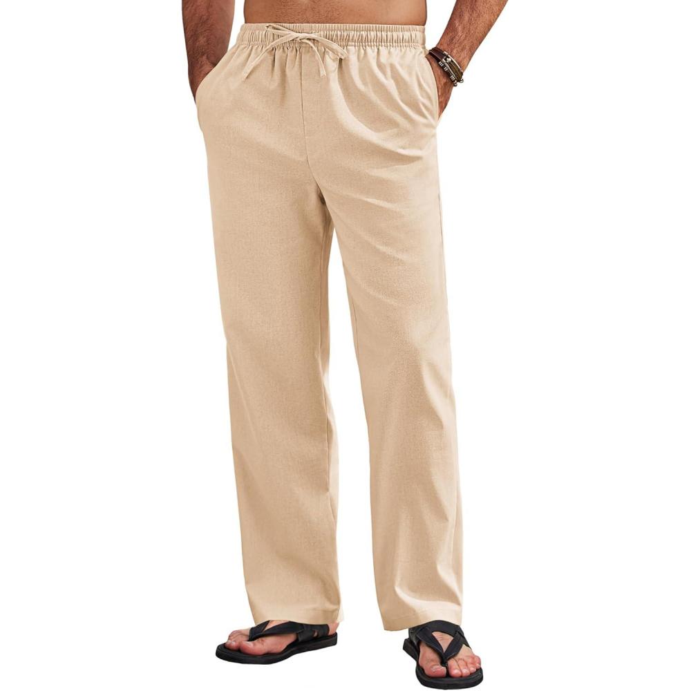 imageCOOFANDY Mens Linen Pants Casual Loose Fit Beach Summer Yoga Pant Lightweight Drawstring Linen TrousersLight Coffee