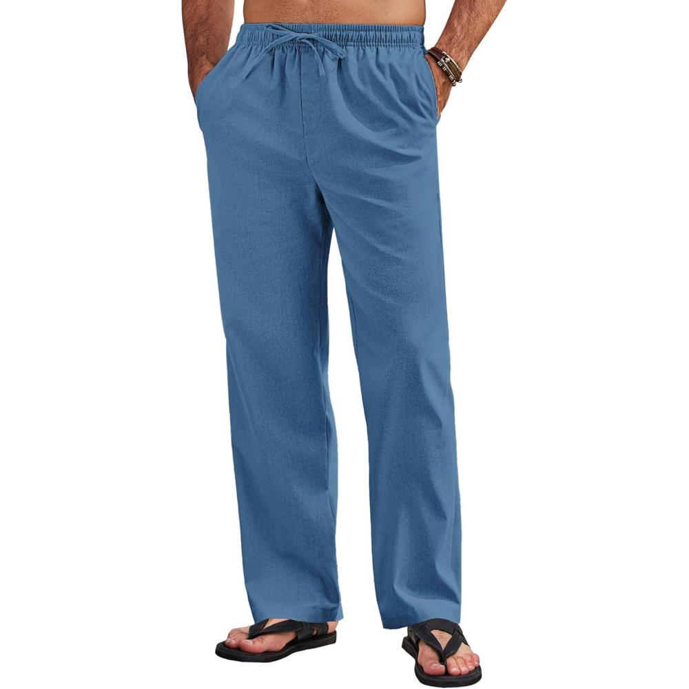 imageCOOFANDY Mens Linen Pants Casual Loose Fit Beach Summer Yoga Pant Lightweight Drawstring Linen TrousersMarine Blue