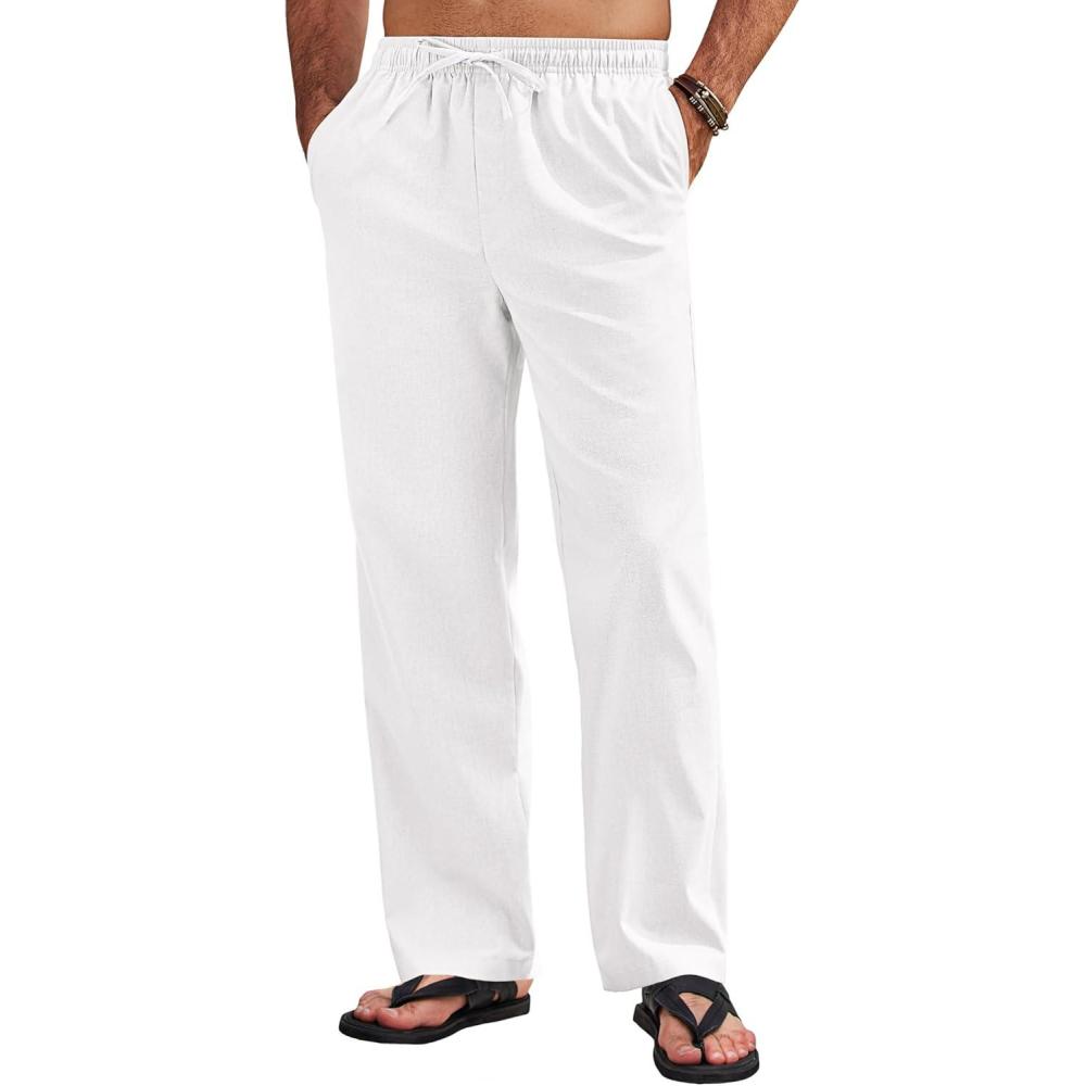 imageCOOFANDY Mens Linen Pants Casual Loose Fit Beach Summer Yoga Pant Lightweight Drawstring Linen TrousersWhite