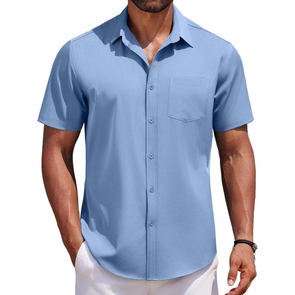 imageCOOFANDY Mens Short Sleeve Button Down Shirts Casual Summer Untucked Wrinkle Free Dress Shirts with PocketAngel Falls